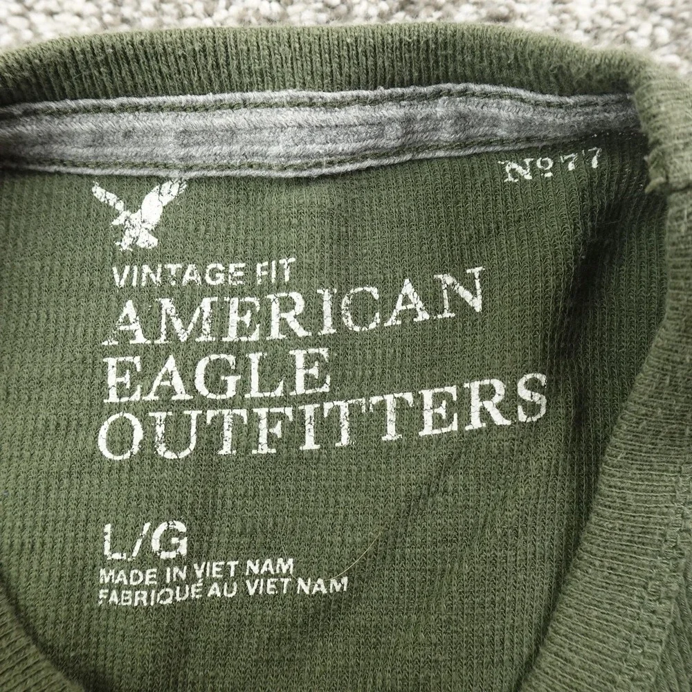 American Eagle‎ Shirt Mens L Green Waffle Knit Thermal Crewneck Logo Preppy Y2K